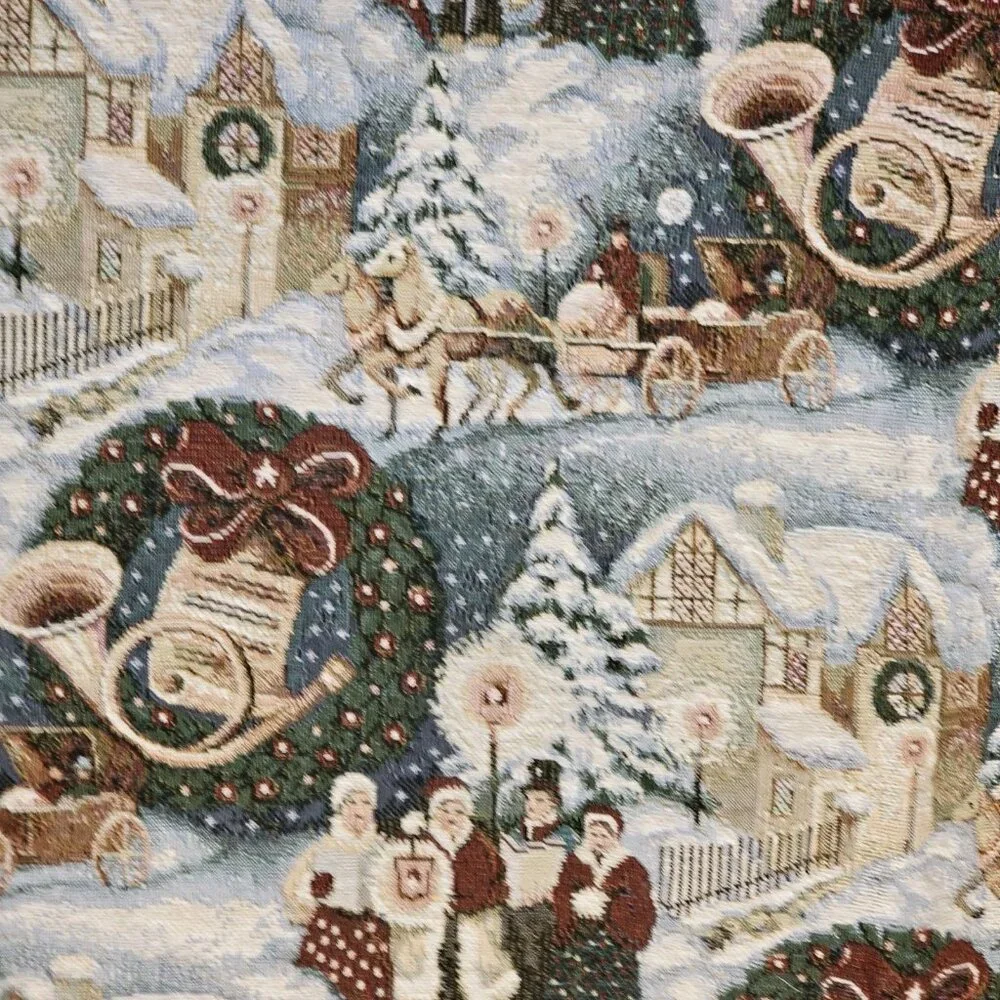 VTG 90s‎ Christmas Tapestry Table Runner Tassles Winter Village Scene 37